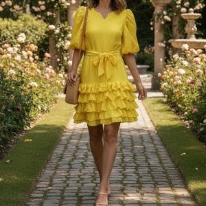 #A127 Nancy New York Yellow feminine flirty Puff Sleeve Ruffle Dress NWT  L